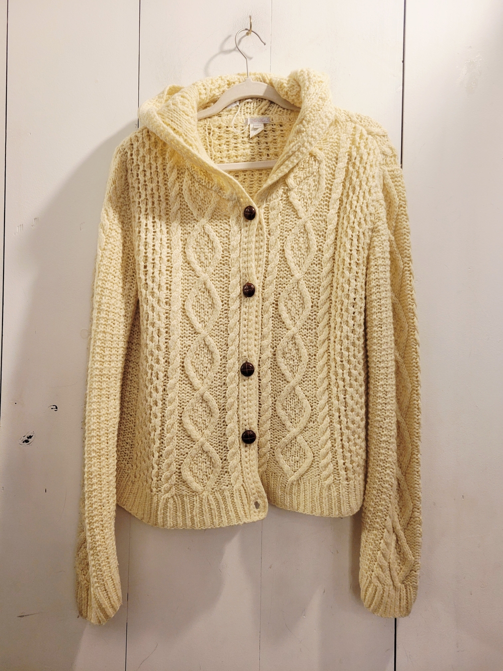 Lux Cream Cable-Detail Hooded Button Cardigan Sz L